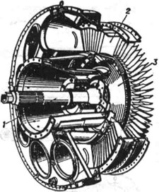 Одноступенчатая газовая турбина: 1 - вал турбины; 2 - лопатка соплового аппарата; 3 - диск турбины; 4 - лопатка рабочего колеса