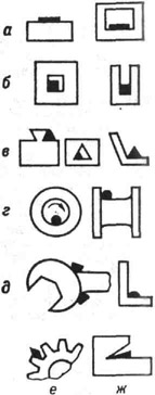 Применение слесарных напильников: а - плоского; б - квадратного; в - треугольного; г - круглого; д - полукруглого; е - ромбического; ж ножовочного