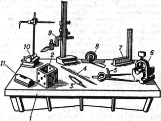 Инструменты и приспособления, применяемые при разметке: 1 - разметочная плита; 2 - разметочный ящик; 3 - кернер; 4 - чертилка; 5 - циркуль; 6 призма для закрепления цилиндрических деталей; 7 - угольник; 8 - угломер; 9 - штангенрейсмус; 10 - рейсмус; 11 - уровень