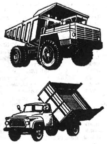 Вверху - автомобиль-самосвал БелАЗ-548А; внизу - автомобиль-самосвал ГАЗ-САЗ-53Б для перевозки сельскохозяйственных грузов