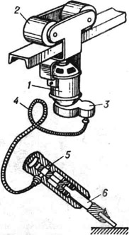 Электромеханический шабер: 1 - электродвигатель; 2 - тележка; 3 редуктор; 4 - гибкий вал; 5 - кривошип; 6 - шабер